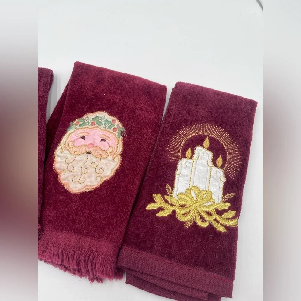Vtg Christmas Fringe fingertip Hand towels x5 Burgundy Maroon Santa Made in USA